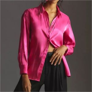 NWT Anthropologie Silky Iridescent Button Down Shirt size Medium in Bright Pink